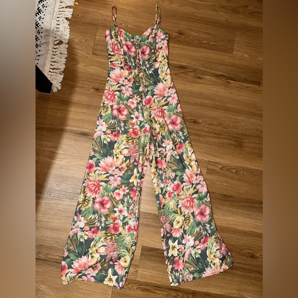 Bebop Be You Be Free Tropical Floral Wide Leg Jumpsuit Size S Adjustable Straps